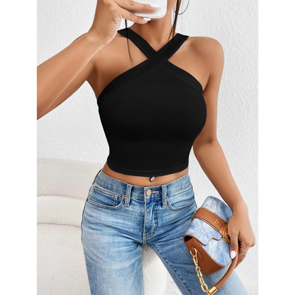 BohoGypsyDreamer.com Tops - Minimalist 90s Crisscross Crop Halter Top tank black